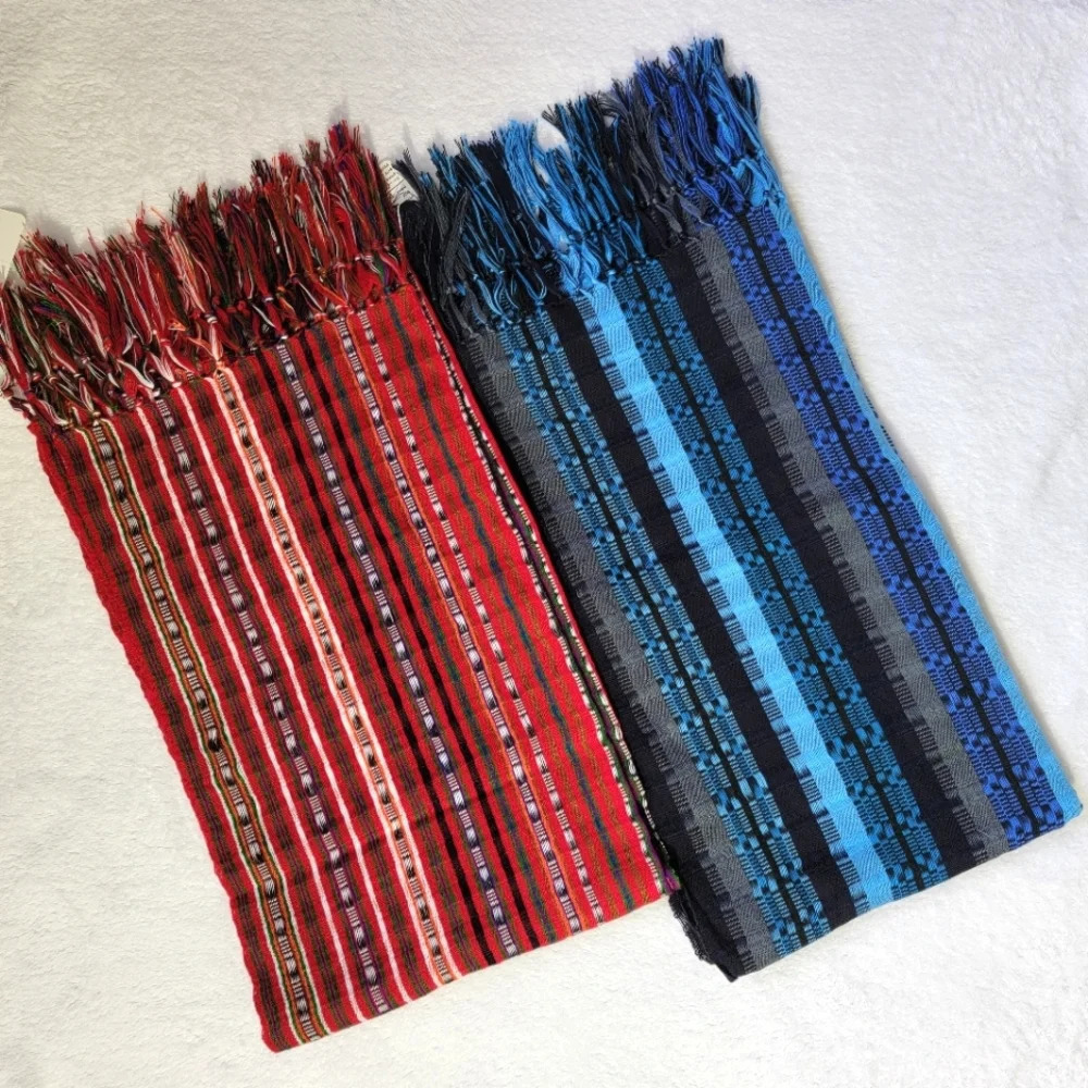 NWT Pair Set Of 2 Colorful Knit Fringed Scarves Pashminas Blue Red 19" X 72"
